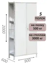 Стеллаж-шкаф СТ-600 с сплошными дверьми и сетчатой стенкой 2000х1000х600, 5 полок