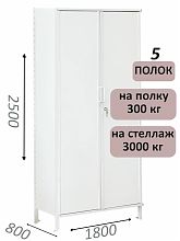 Стеллаж-шкаф СТ-600 с сплошными дверьми и сплошной стенкой 2500х1900х800, 5 полок