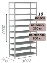 Стеллаж металлический полочный МС-900 2000х1000х500, 10 полок, светло-серый