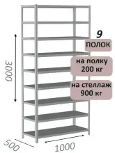 Стеллаж металлический полочный МС-900 3000х1000х500, 9 полок, светло-серый